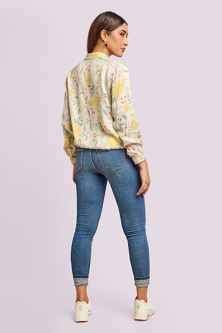Blue Lotus Design Printed Silk Bomber Jacket 