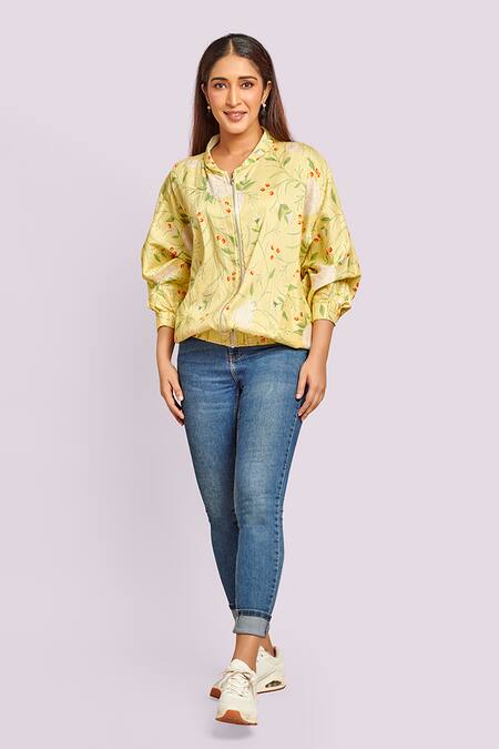 Blue Lotus Design_Yellow Silk Round Neck Printed Bomber Jacket _Online_at_Aza_Fashions