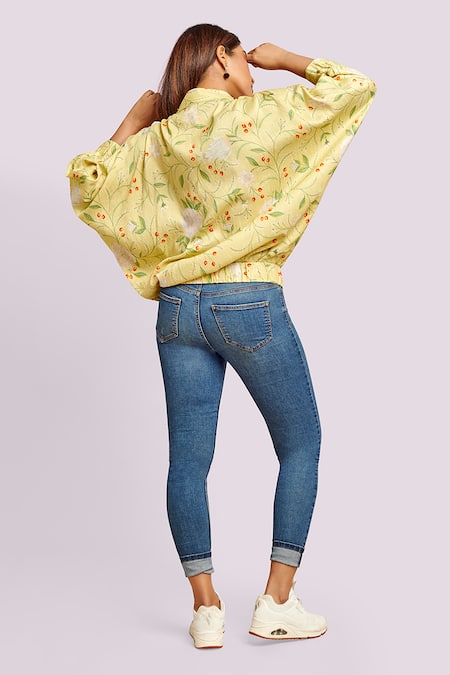 Blue Lotus Design Yellow Printed Silk Bomber Jacket 