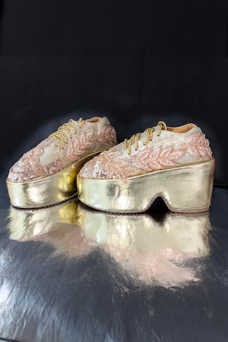 Chal Jooti_Rose Gold Luxe Embellished Sneakers _Online_at_Aza_Fashions