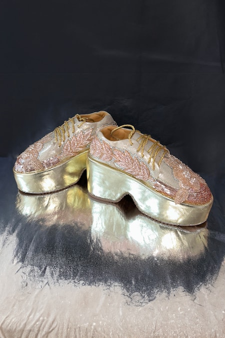Buy_Chal Jooti_Rose Gold Luxe Embellished Sneakers _Online_at_Aza_Fashions