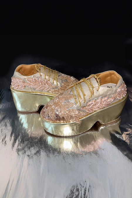 Shop_Chal Jooti_Rose Gold Luxe Embellished Sneakers _Online_at_Aza_Fashions