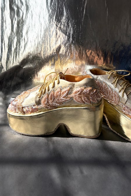 Chal Jooti_Rose Gold Luxe Embellished Sneakers _at_Aza_Fashions