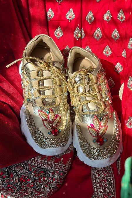 Chal Jooti_Gold Embroidered Sneaker With Ruby Accents _Online_at_Aza_Fashions