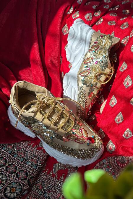 Shop_Chal Jooti_Gold Embroidered Sneaker With Ruby Accents _Online_at_Aza_Fashions