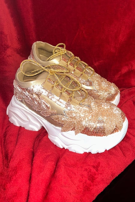 Chal Jooti_Rose Gold Rosegold Embroidered Designer Sneakers _at_Aza_Fashions