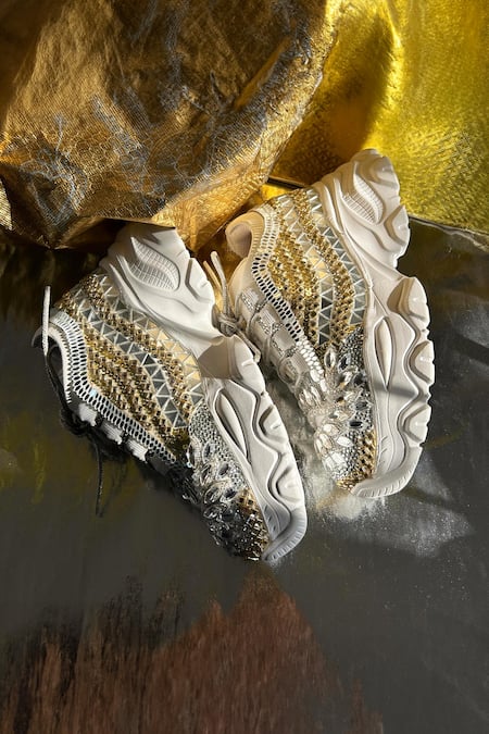 Chal Jooti_Silver Cosmic Crystal Embellished Sneakers _Online_at_Aza_Fashions