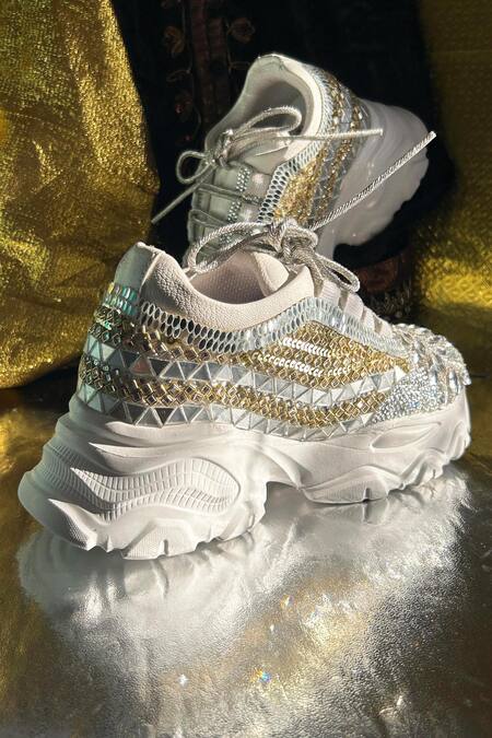 Buy_Chal Jooti_Silver Cosmic Crystal Embellished Sneakers _Online_at_Aza_Fashions