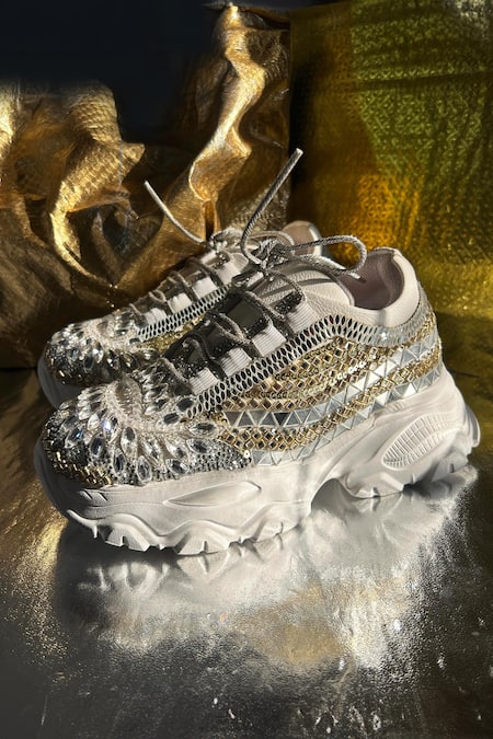 Shop_Chal Jooti_Silver Cosmic Crystal Embellished Sneakers _Online_at_Aza_Fashions