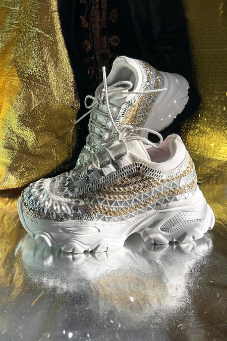 Chal Jooti_Silver Cosmic Crystal Embellished Sneakers _at_Aza_Fashions
