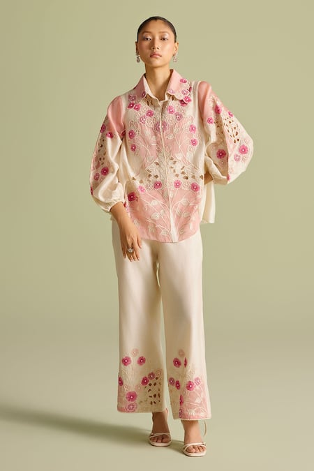 Chandrima Ivory Applique Collared Floral And Pink Shirt Online at Aza Fashions Chandrima_Ivory Applique Collared Floral And Pink Shirt _Online_at_Aza_Fashions