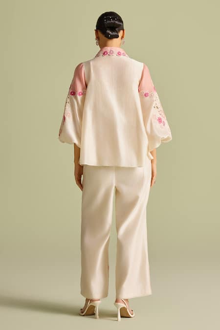 Shop Chandrima Ivory Applique Collared Floral And Pink Shirt at Aza Fashions Shop_Chandrima_Ivory Applique Collared Floral And Pink Shirt _at_Aza_Fashions