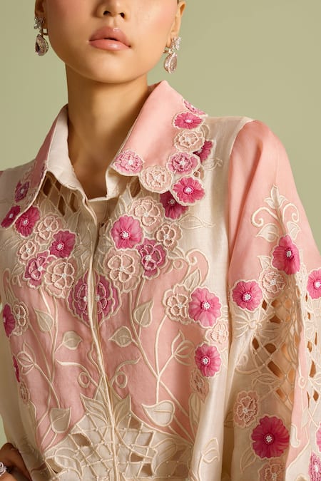 Buy Chandrima Ivory Applique Collared Floral And Pink Shirt Online at Aza Fashions Buy_Chandrima_Ivory Applique Collared Floral And Pink Shirt _Online_at_Aza_Fashions