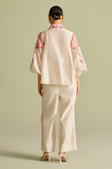 Shop Chandrima Ivory Cotton Applique Floral Pants at Aza Fashions Shop_Chandrima_Ivory Cotton Applique Floral Pants _at_Aza_Fashions