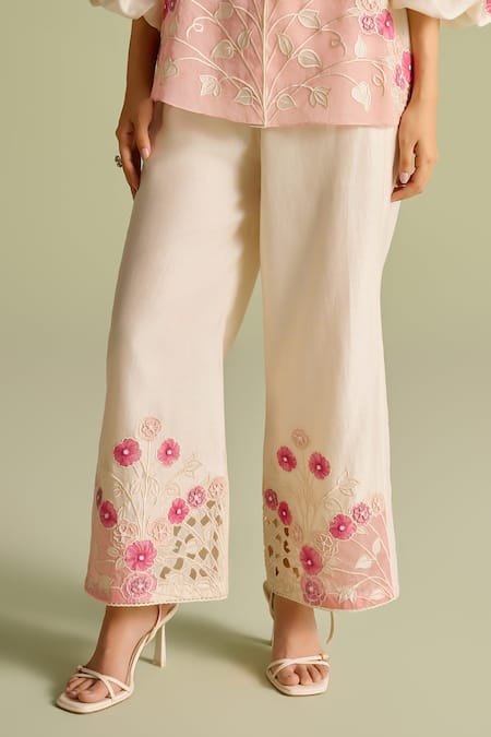 Chandrima Ivory Cotton Applique Floral Pants Online at Aza Fashions Chandrima_Ivory Cotton Applique Floral Pants _Online_at_Aza_Fashions
