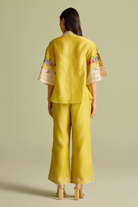 Shop Chandrima Yellow Embroidery Collared Floral Color Block Shirt at Aza Fashions Shop_Chandrima_Yellow Embroidery Collared Floral Color Block Shirt _at_Aza_Fashions