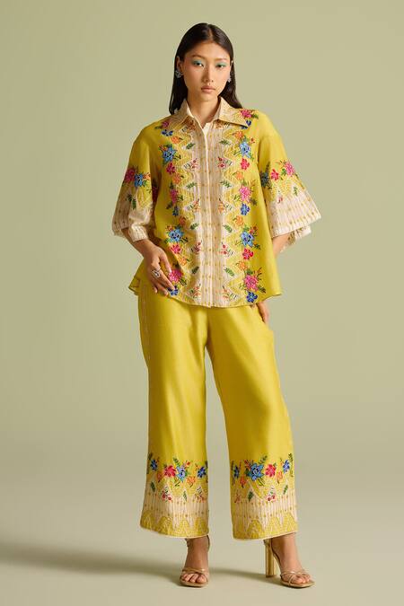 Chandrima Yellow Embroidery Collared Floral Color Block Shirt Online at Aza Fashions Chandrima_Yellow Embroidery Collared Floral Color Block Shirt _Online_at_Aza_Fashions