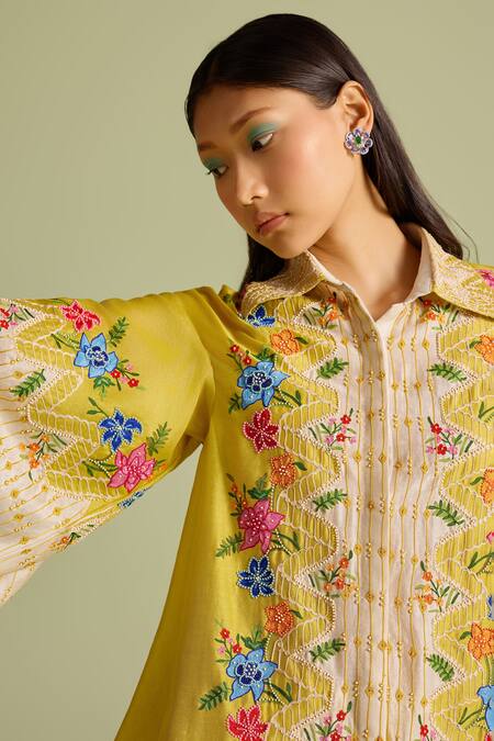 Buy Chandrima Yellow Embroidery Collared Floral Color Block Shirt Online at Aza Fashions Buy_Chandrima_Yellow Embroidery Collared Floral Color Block Shirt _Online_at_Aza_Fashions