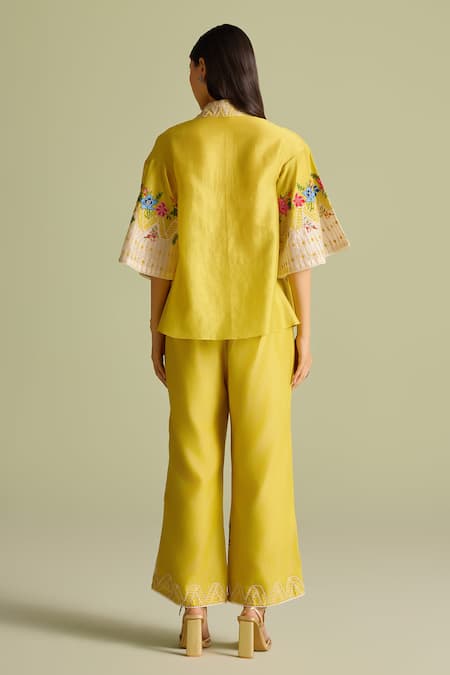 Shop_Chandrima_Yellow Embroidery Floral Color Block Pants _at_Aza_Fashions