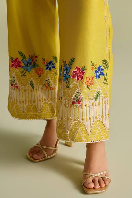 Chandrima_Yellow Embroidery Floral Color Block Pants _Online_at_Aza_Fashions