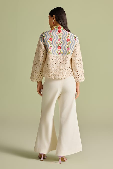 Shop Chandrima Ivory Embroidery Collared Floral Short Jacket at Aza Fashions Shop_Chandrima_Ivory Embroidery Collared Floral Short Jacket _at_Aza_Fashions