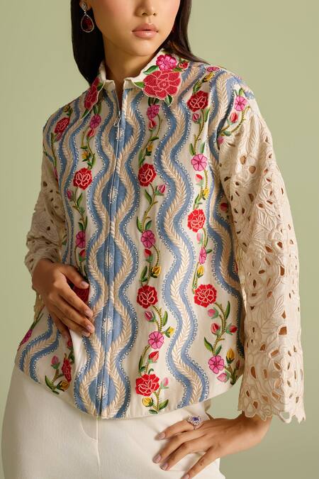 Chandrima Ivory Embroidery Collared Floral Short Jacket Online at Aza Fashions Chandrima_Ivory Embroidery Collared Floral Short Jacket _Online_at_Aza_Fashions