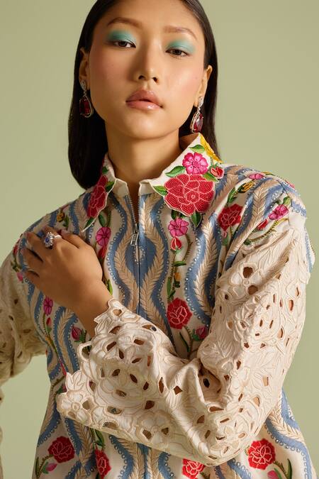 Buy Chandrima Ivory Embroidery Collared Floral Short Jacket Online at Aza Fashions Buy_Chandrima_Ivory Embroidery Collared Floral Short Jacket _Online_at_Aza_Fashions