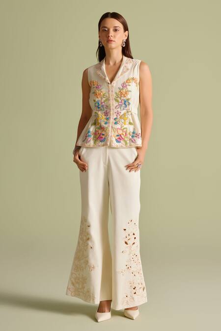 Chandrima Ivory Cut Work Flared Palazzo Pants Online at Aza Fashions Chandrima_Ivory Cut Work Flared Palazzo Pants _Online_at_Aza_Fashions