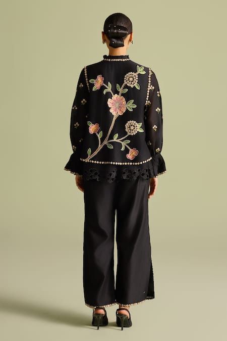 Shop Chandrima Black Embroidery High Neck Floral Layered Shirt at Aza Fashions Shop_Chandrima_Black Embroidery High Neck Floral Layered Shirt _at_Aza_Fashions