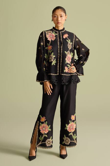 Chandrima Black Embroidery High Neck Floral Layered Shirt Online at Aza Fashions Chandrima_Black Embroidery High Neck Floral Layered Shirt _Online_at_Aza_Fashions