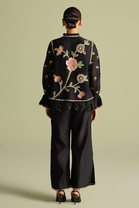 Shop_Chandrima_Black Chanderi Embroidery, Beads Mosaic Threadwork Pant _at_Aza_Fashions