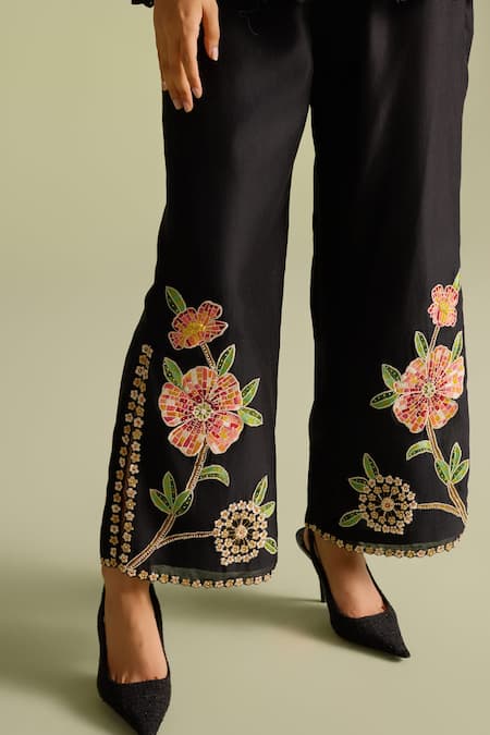 Chandrima_Black Chanderi Embroidery, Beads Mosaic Threadwork Pant _Online_at_Aza_Fashions