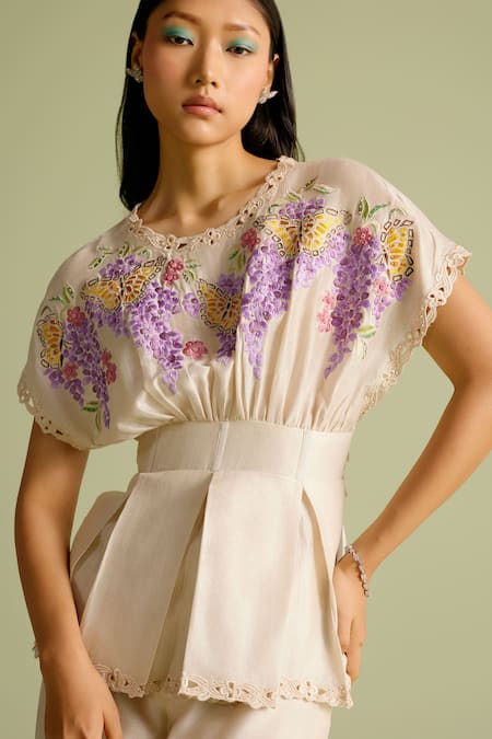 Chandrima Ivory Cotton Embroidery Round Neck Pleated Corset Top With Floral Online at Aza Fashions Chandrima_Ivory Cotton Embroidery Round Neck Pleated Corset Top With Floral _Online_at_Aza_Fashions