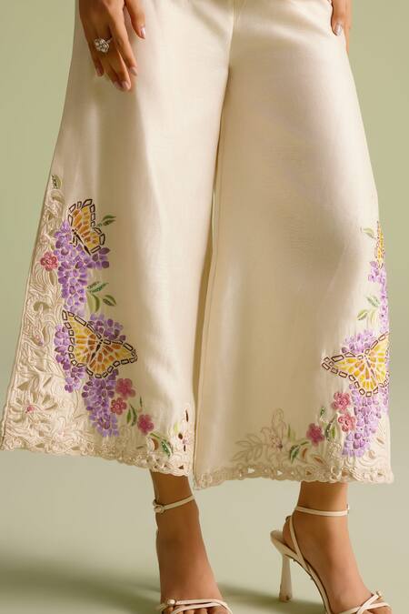 Chandrima Ivory Embroidery Butterfly Mosaic Palazzos Online at Aza Fashions Chandrima_Ivory Embroidery Butterfly Mosaic Palazzos _Online_at_Aza_Fashions
