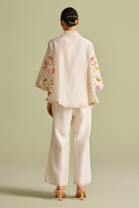 Shop_Chandrima_Ivory Chanderi Embroidery, Beads Collared Applique Shirt _at_Aza_Fashions