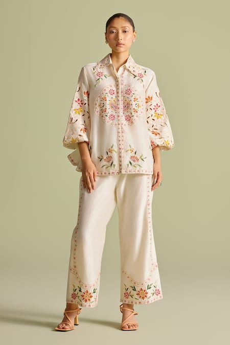 Chandrima_Ivory Chanderi Embroidery, Beads Collared Applique Shirt _Online_at_Aza_Fashions
