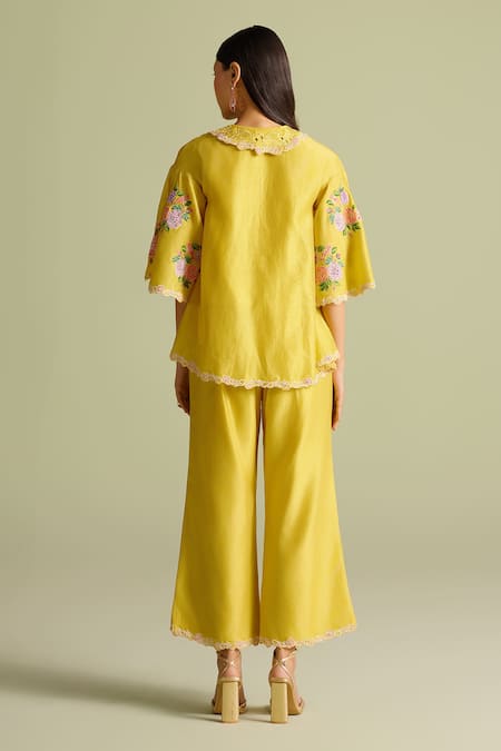 Shop Chandrima Yellow Chanderi Embroidery, Beads Collared Floral Mosaic Shirt at Aza Fashions Shop_Chandrima_Yellow Chanderi Embroidery, Beads Collared Floral Mosaic Shirt _at_Aza_Fashions