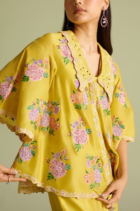 Chandrima Yellow Chanderi Embroidery, Beads Collared Floral Mosaic Shirt Online at Aza Fashions Chandrima_Yellow Chanderi Embroidery, Beads Collared Floral Mosaic Shirt _Online_at_Aza_Fashions