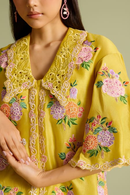 Buy Chandrima Yellow Chanderi Embroidery, Beads Collared Floral Mosaic Shirt Online at Aza Fashions Buy_Chandrima_Yellow Chanderi Embroidery, Beads Collared Floral Mosaic Shirt _Online_at_Aza_Fashions