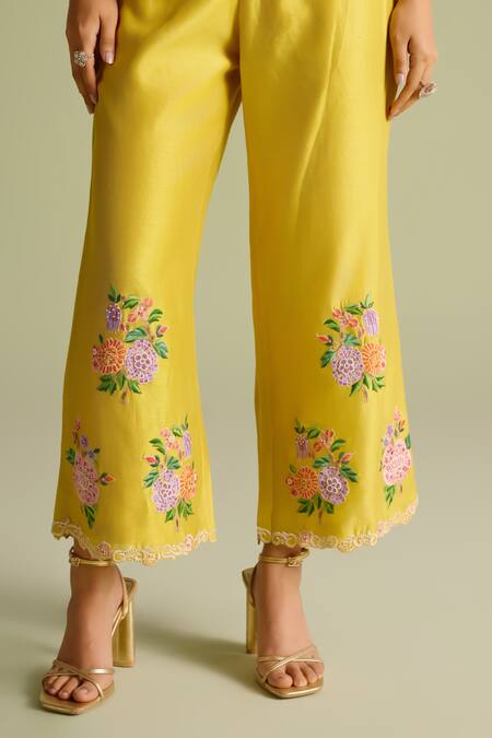 Chandrima Yellow Chanderi Beads, Embroidery Floral Mosaic Palazzo Pants Online at Aza Fashions Chandrima_Yellow Chanderi Beads, Embroidery Floral Mosaic Palazzo Pants _Online_at_Aza_Fashions