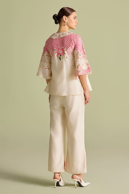 Shop Chandrima Ivory Chanderi Embroidery, Cut Work V-neck Checkered Applique Shirt at Aza Fashions Shop_Chandrima_Ivory Chanderi Embroidery, Cut Work V-neck Checkered Applique Shirt _at_Aza_Fashions