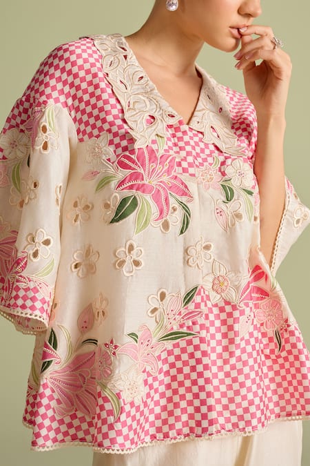 Chandrima Ivory Chanderi Embroidery, Cut Work V-neck Checkered Applique Shirt Online at Aza Fashions Chandrima_Ivory Chanderi Embroidery, Cut Work V-neck Checkered Applique Shirt _Online_at_Aza_Fashions