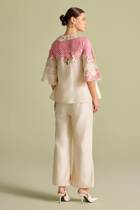 Shop Chandrima Ivory Embroidery Floral Applique Checkered Pant at Aza Fashions Shop_Chandrima_Ivory Embroidery Floral Applique Checkered Pant _at_Aza_Fashions