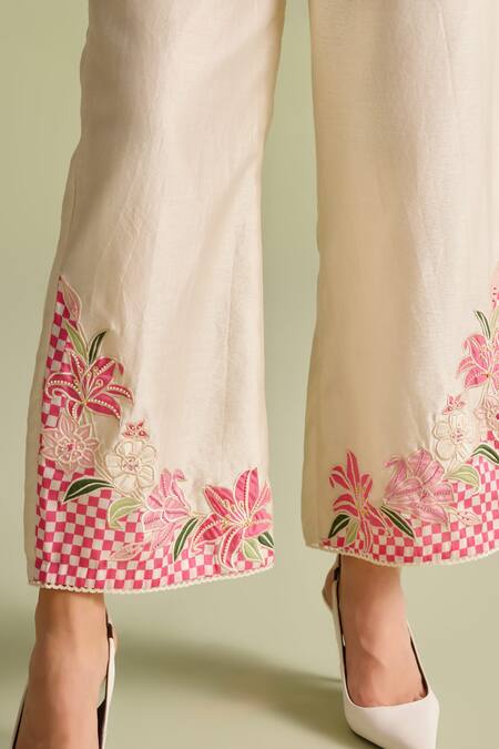 Chandrima Ivory Embroidery Floral Applique Checkered Pant Online at Aza Fashions Chandrima_Ivory Embroidery Floral Applique Checkered Pant _Online_at_Aza_Fashions