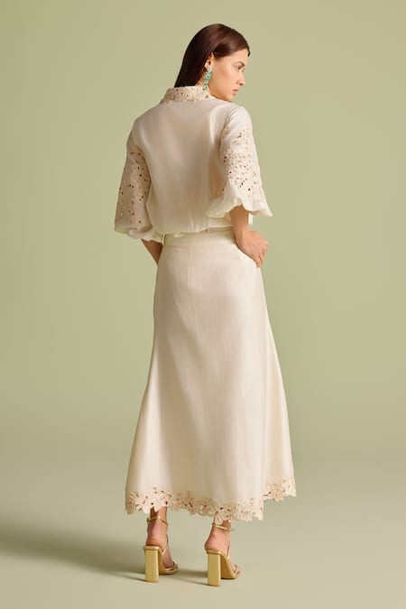 Shop Chandrima Ivory Chanderi Embroidery, Beads Collared Floral Mosaic Shirt at Aza Fashions Shop_Chandrima_Ivory Chanderi Embroidery, Beads Collared Floral Mosaic Shirt _at_Aza_Fashions