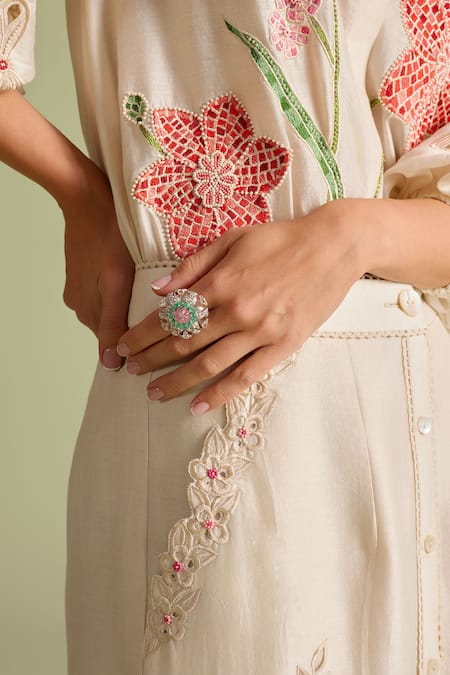 Chandrima Ivory Chanderi Embroidery, Beads Collared Floral Mosaic Shirt Online at Aza Fashions Chandrima_Ivory Chanderi Embroidery, Beads Collared Floral Mosaic Shirt _Online_at_Aza_Fashions