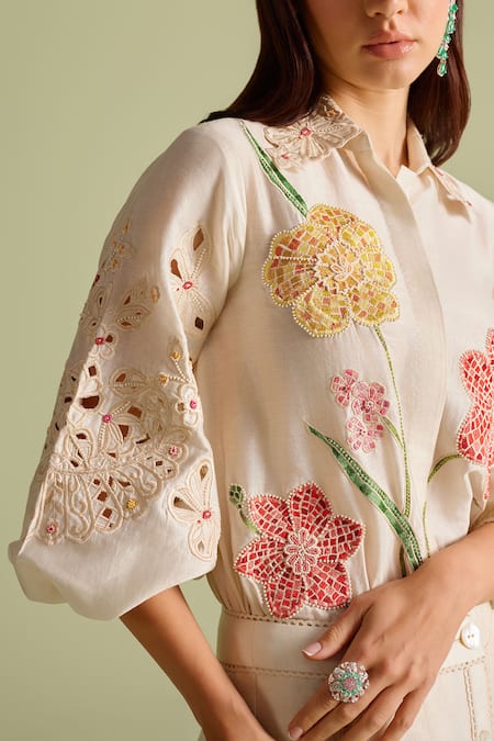 Buy Chandrima Ivory Chanderi Embroidery, Beads Collared Floral Mosaic Shirt Online at Aza Fashions Buy_Chandrima_Ivory Chanderi Embroidery, Beads Collared Floral Mosaic Shirt _Online_at_Aza_Fashions