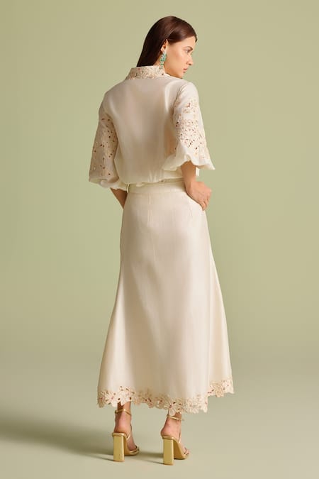 Shop Chandrima Ivory Embroidery Floral Mosaic Button-down Skirt at Aza Fashions Shop_Chandrima_Ivory Embroidery Floral Mosaic Button-down Skirt _at_Aza_Fashions