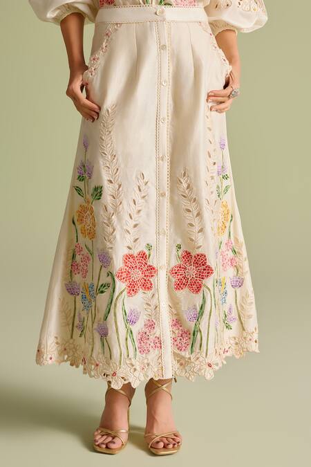 Chandrima Ivory Embroidery Floral Mosaic Button-down Skirt Online at Aza Fashions Chandrima_Ivory Embroidery Floral Mosaic Button-down Skirt _Online_at_Aza_Fashions
