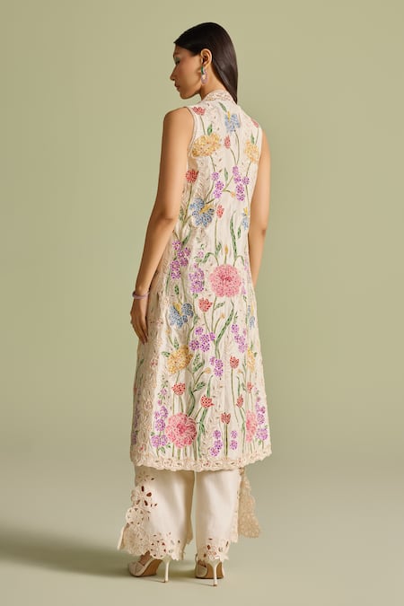 Shop Chandrima Ivory Embroidery V-neck Mosaic Threadwork Long Jacket at Aza Fashions Shop_Chandrima_Ivory Embroidery V-neck Mosaic Threadwork Long Jacket _at_Aza_Fashions